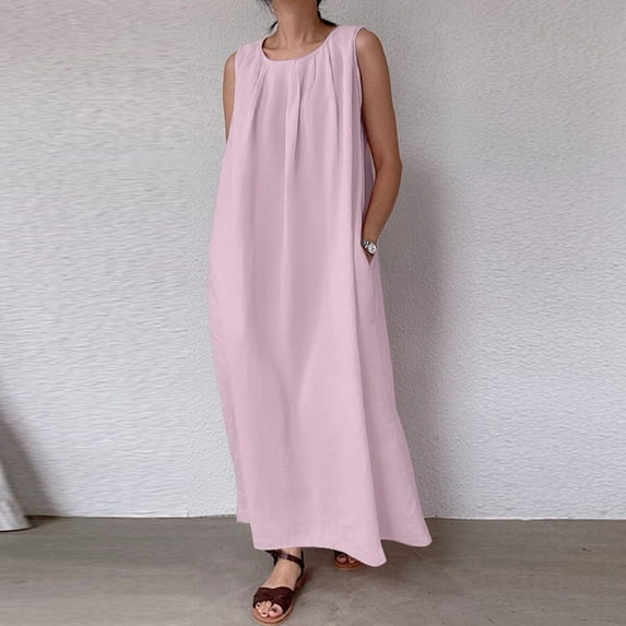 ZZwxWA Womens Casual Plus Size Cotton Linen Party Dress Crew Neck Solid Color Sleeveless Tank Summer Beach Dresses Loose Fit Ruff Maxi Pullover Dress Pink 3X-Large