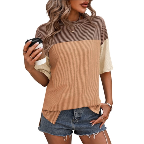 ZZwxWA Womens Casual Shirts Color Block Tops Short Sleeve T Shirts Crewneck Knitted Summer Loose Blouses Tops Side Split Tshirts