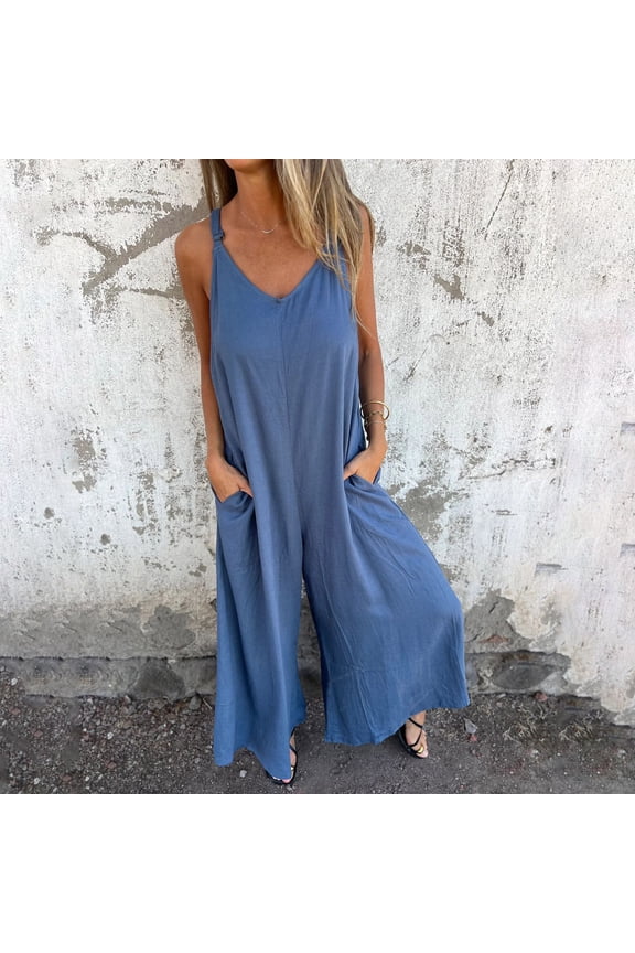 Womens Casual Sleeveless Jumpsuit - Adjustable Strap Linen Wide Leg Long Harem Pants Spaghetti Strap Boho Wide Leg Jumpsuits Rompers Dressy