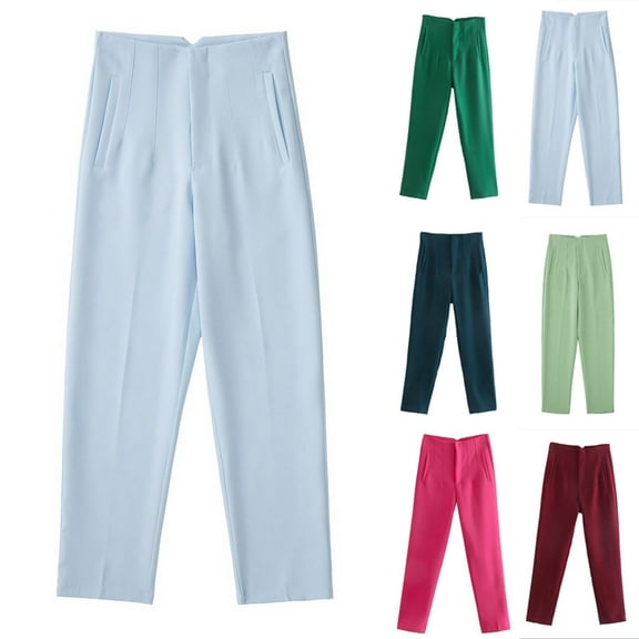ZZwxWA Womens Casual Solid Color High Waisted Pants Elegant Work Office Business Straight Leg Trousers with Pockets Women's Harlan Casual Suit Pants