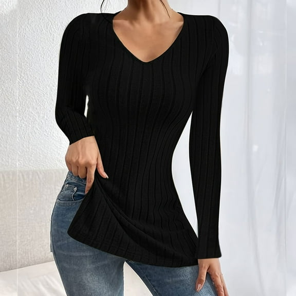 ZZwxWA Womens Casual V Neck Tops Ribbed Knit Sweaters Basic Tee Shirts Long Sleeve Side Slit Pullover 2025 Fall Tunic Blouse
