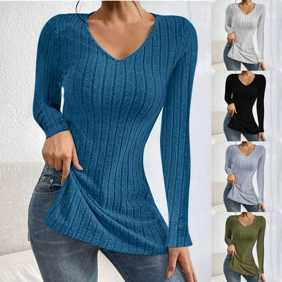 ZZwxWA Womens Casual V Neck Tops Ribbed Knit Sweaters Basic Tee Shirts Long Sleeve Side Slit Pullover 2025 Fall Tunic Blouse