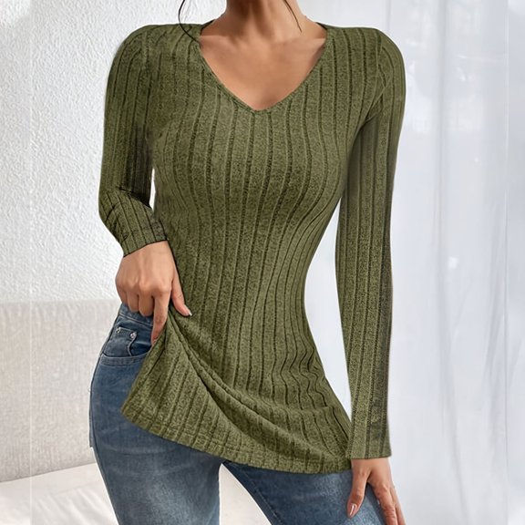 ZZwxWA Womens Casual V Neck Tops Ribbed Knit Sweaters Basic Tee Shirts Long Sleeve Side Slit Pullover 2025 Fall Tunic Blouse
