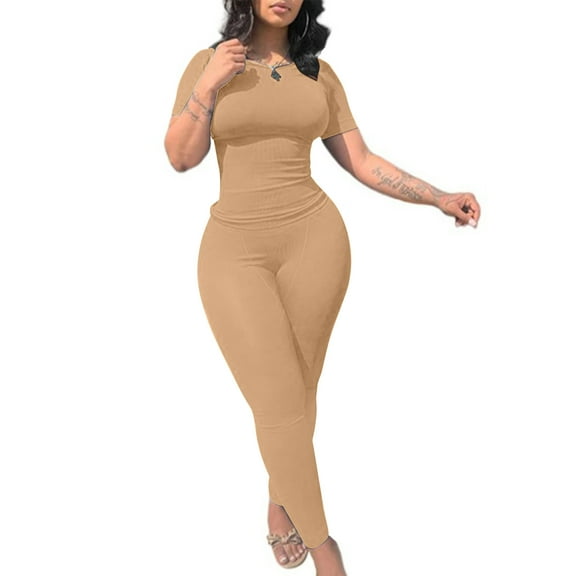 ZZwxWA Womens Casual Workout 2 Piece Bodycon Casual Outfit Women Ribbed Set Short Sleeve Elastic Leggings Loungewear Activewear