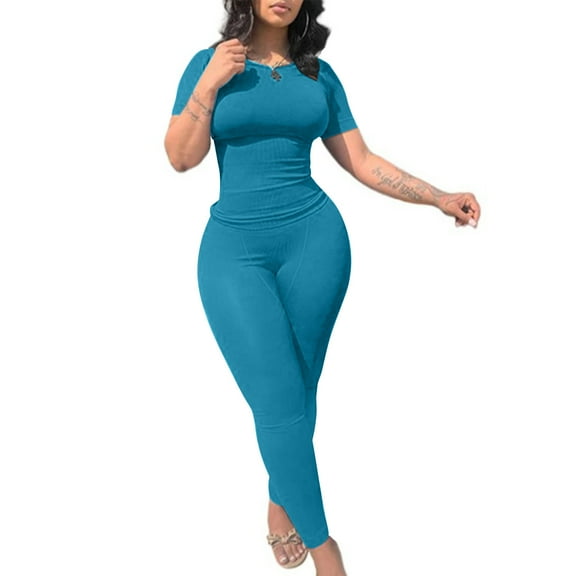 ZZwxWA Womens Casual Workout 2 Piece Bodycon Casual Outfit Women Ribbed Set Short Sleeve Elastic Leggings Loungewear Activewear