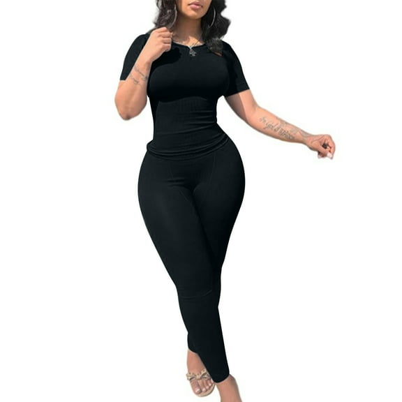 ZZwxWA Womens Casual Workout 2 Piece Bodycon Casual Outfit Women Ribbed Set Short Sleeve Elastic Leggings Loungewear Activewear