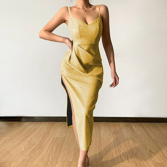 ZZwxWA Womens Causal Cami Dress Spaghetti Strap Ankle-Length Side Slit Flapper Dress Sleeveless Evening Dress Banquet Gowns