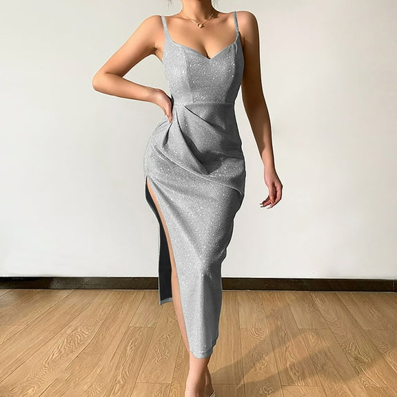 ZZwxWA Womens Causal Cami Dress Spaghetti Strap Ankle-Length Side Slit Flapper Dress Sleeveless Evening Dress Banquet Gowns