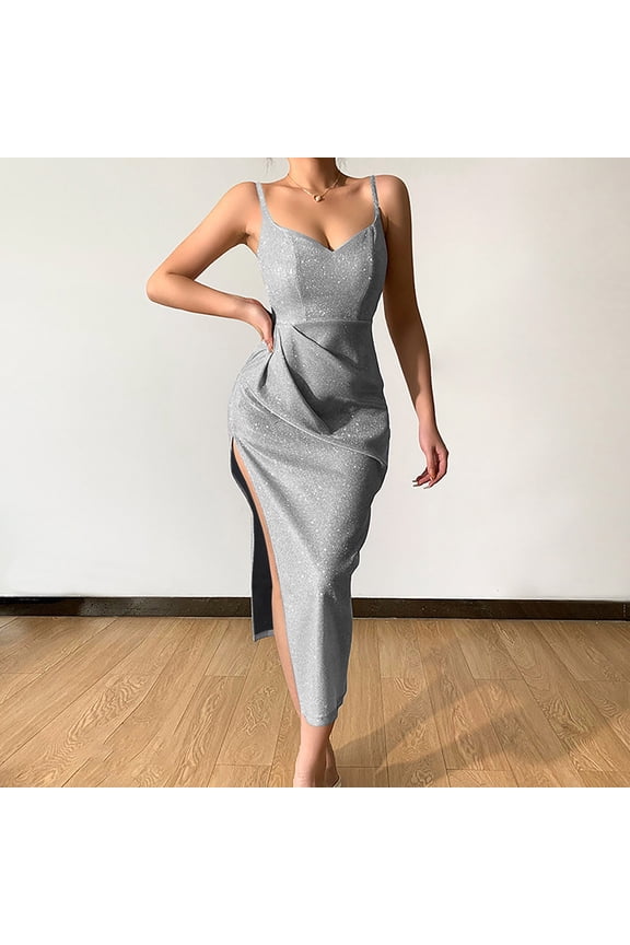 Womens Causal Cami Dress Spaghetti Strap Ankle-Length Side Slit Flapper Dress Sleeveless Evening Dress Banquet Gowns