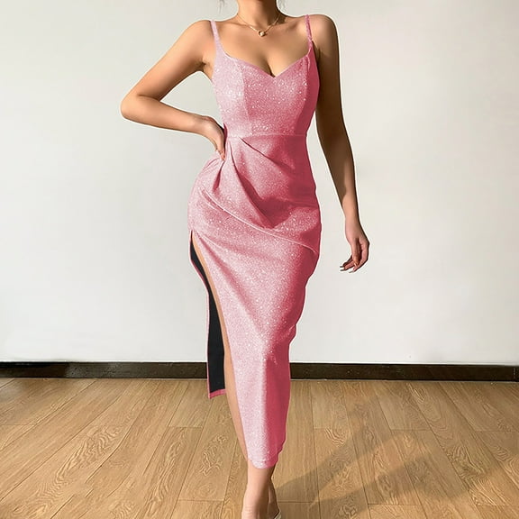 ZZwxWA Womens Causal Cami Dress Spaghetti Strap Ankle-Length Side Slit Flapper Dress Sleeveless Evening Dress Banquet Gowns