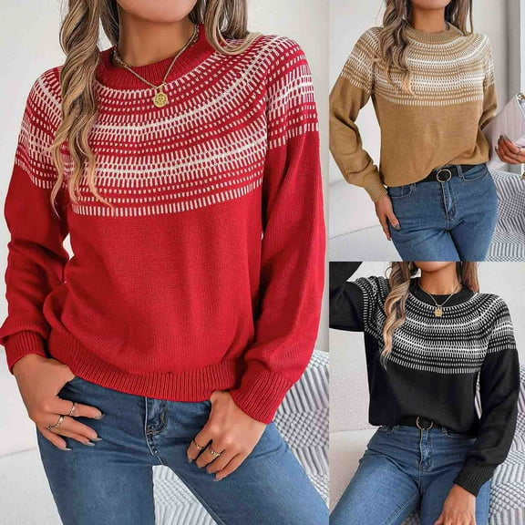 ZZwxWA Womens Colorblock Striped Print Drop Shoulder Sweater, Casual Loose Long Sleeve Round Neck Pullover Knitwear Tops