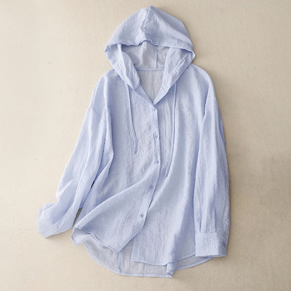 ZZwxWA Womens Cotton Linen Hoodie Tops, Summer Fashion Hooded Long Sleeve Shirts Button Down Blouses for Women Dressy Casual