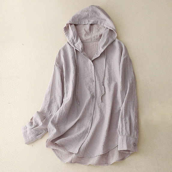 ZZwxWA Womens Cotton Linen Hoodie Tops, Summer Fashion Hooded Long Sleeve Shirts Button Down Blouses for Women Dressy Casual