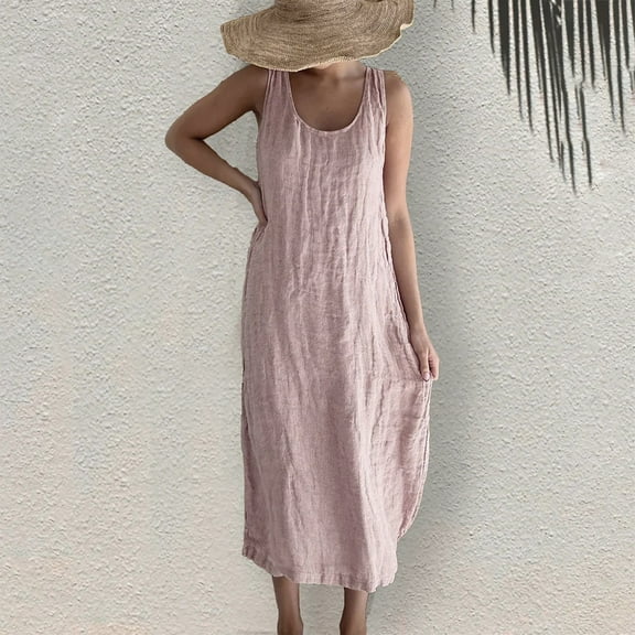 ZZwxWA Womens Cotton Linen Loose Long Tank Dress Casual Sleeveless U Neck Solid Plus Size Shift Maxi Dress with Pocket