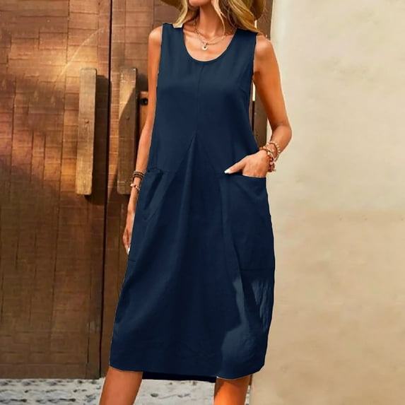ZZwxWA Womens Cotton Linen Midi Dress Casual Loose Sleeveless Sundress Neck Summer Beach Dress with Pockets