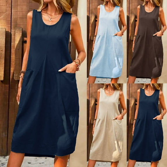 ZZwxWA Womens Cotton Linen Midi Dress Casual Loose Sleeveless Sundress Neck Summer Beach Dress with Pockets
