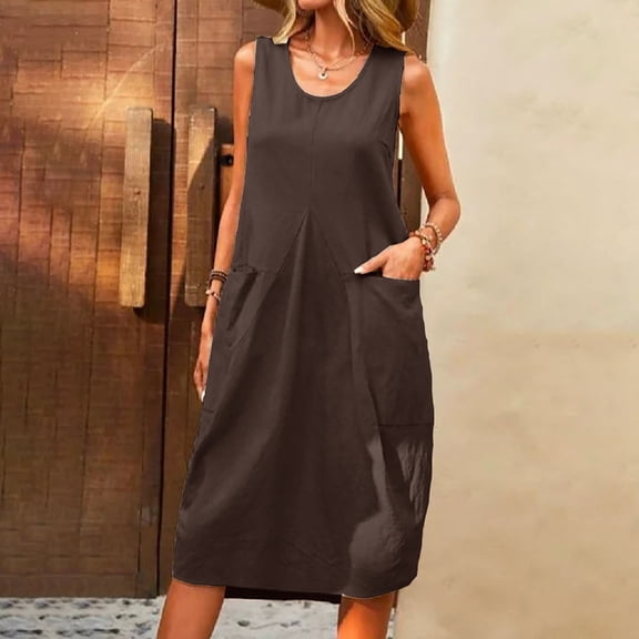 ZZwxWA Womens Cotton Linen Midi Dress Casual Loose Sleeveless Sundress Neck Summer Beach Dress with Pockets