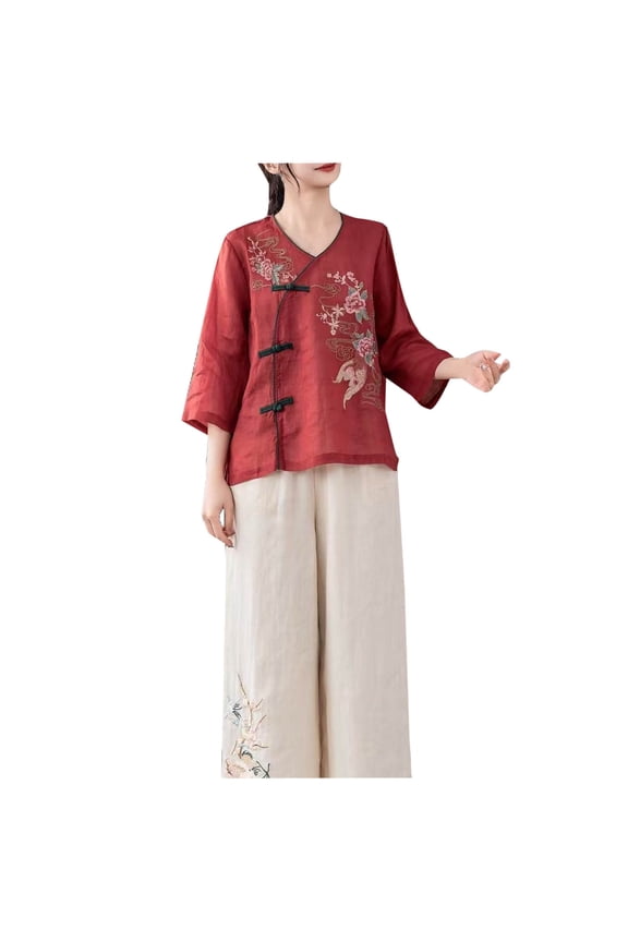 Womens Cotton Linen Retro Chinese Frog Button Tops Traditional Mandarin Collar Shirts Floral Embroidered Blouse