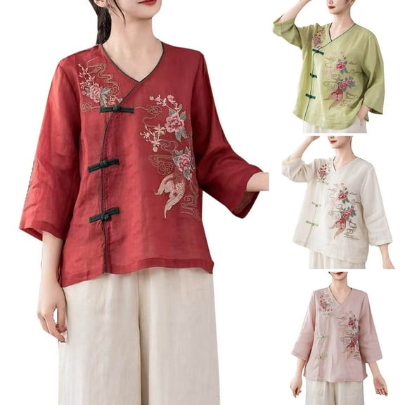 ZZwxWA Womens Cotton Linen Retro Chinese Frog Button Tops Traditional Mandarin Collar Shirts Floral Embroidered Blouse
