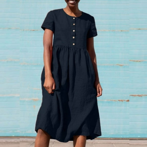 ZZwxWA Womens Cotton Linen Short Sleeve Crew Neck Flowy Midi Dress Summer Loose Fit Casual A Line Button Down Beach Dresses