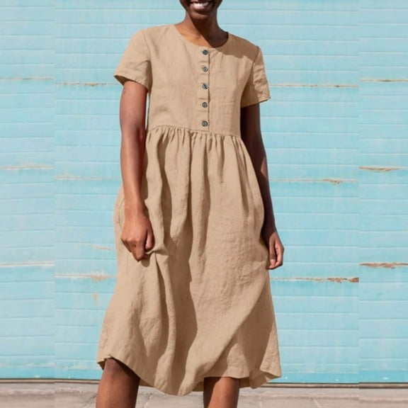 ZZwxWA Womens Cotton Linen Short Sleeve Crew Neck Flowy Midi Dress Summer Loose Fit Casual A Line Button Down Beach Dresses