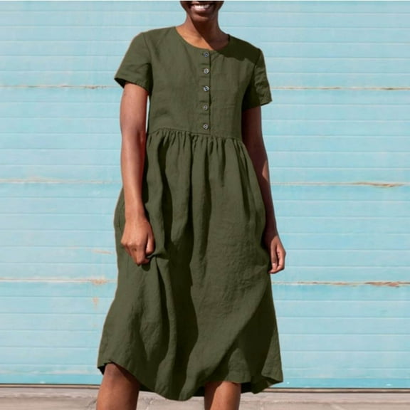 ZZwxWA Womens Cotton Linen Short Sleeve Crew Neck Flowy Midi Dress Summer Loose Fit Casual A Line Button Down Beach Dresses