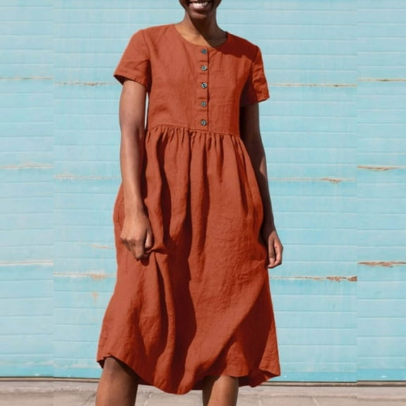 ZZwxWA Womens Cotton Linen Short Sleeve Crew Neck Flowy Midi Dress Summer Loose Fit Casual A Line Button Down Beach Dresses