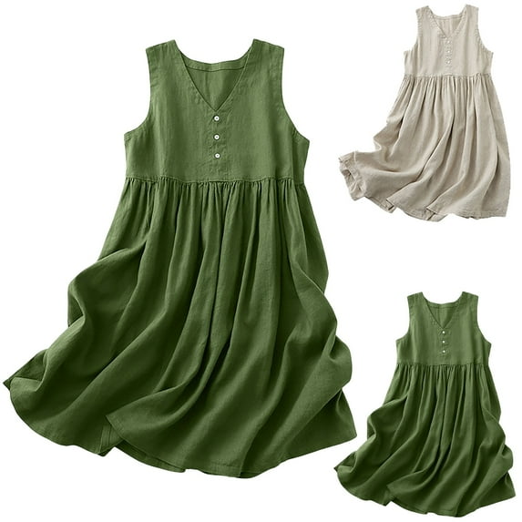 ZZwxWA Womens Cotton Linen Tank Dress Solid Color Button Down Flowy Dress V Neck Pleated Sleeveless Fairy Dress for Ladies