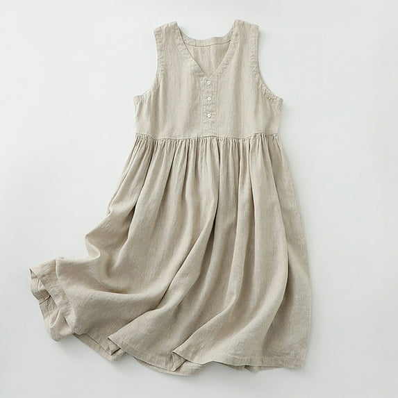 ZZwxWA Womens Cotton Linen Tank Dress Solid Color Button Down Flowy Dress V Neck Pleated Sleeveless Fairy Dress for Ladies