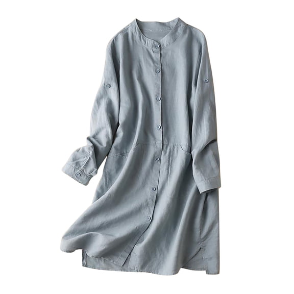 ZZwxWA Womens Cotton Linen Vintage Dress Solid Button Down Long Sleeve Casual Shirt Dresses Summer Loose Flowy Midi Dress