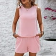 thumbnail image 1 of ZZwxWA Womens Crew Neck Solid Color Set Sleeveless Two Piece Outfits Elastic Waist Pockets T Shirts and Shorts, 1 of 5