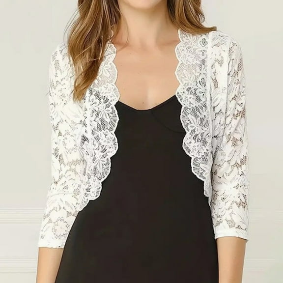 ZZwxWA Womens Cropped Lace Cardigan 3/4 Sleeve Sheer Crochet Shrug Sheer Floral Lace Open Fron Shawl Cover Tops