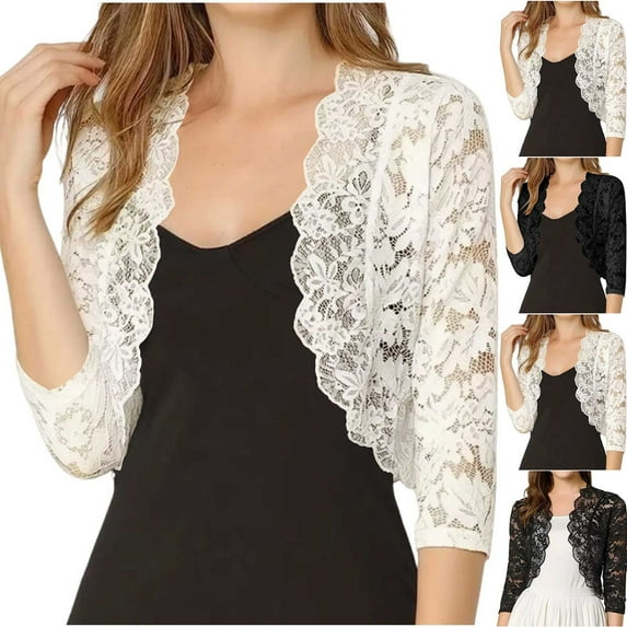 ZZwxWA Womens Cropped Lace Cardigan 3/4 Sleeve Sheer Crochet Shrug Sheer Floral Lace Open Fron Shawl Cover Tops