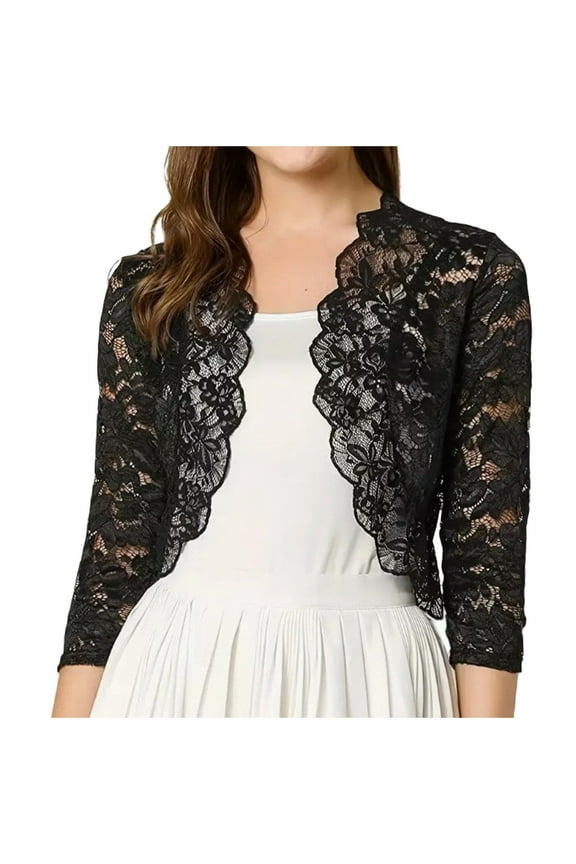 Womens Cropped Lace Cardigan 3/4 Sleeve Sheer Crochet Shrug Sheer Floral Lace Open Fron Shawl Cover Tops