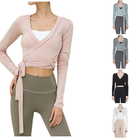 ZZwxWA Womens Cross Wrap Top Y2K Long Sleeve Deep V Neck Yoga Crop Top Tie Up Workout Ballet Top Shirt Blouse