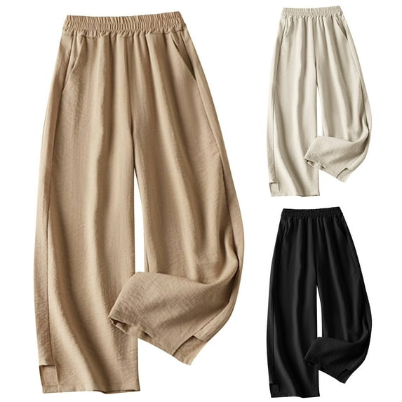 ZZwxWA Womens Culottes Linen Cropped Pants with Pockets Wide Leg Pants Elastic Waist Casual Palazzo Trousers 2025 Fashion