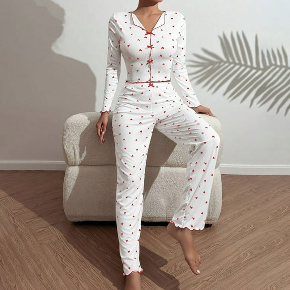 ZZwxWA Womens Cute Long Sleeve Pajama Set Ribbed Top and Pants Sleepwear 2 Piece Pjs Valentines Day Heart Print Slim Loungewear Nightwear