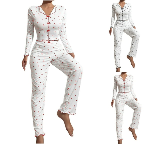 ZZwxWA Womens Cute Long Sleeve Pajama Set Ribbed Top and Pants Sleepwear 2 Piece Pjs Valentines Day Heart Print Slim Loungewear Nightwear