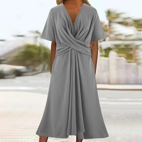 ZZwxWA Womens Dresses 2025 Short Sleeve V Neck Cross Ruched Dress Mother of The Bride Dresses Formal Evening Gown