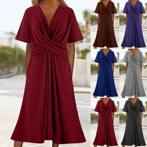 ZZwxWA Womens Dresses 2025 Short Sleeve V Neck Cross Ruched Dress Mother of The Bride Dresses Formal Evening Gown