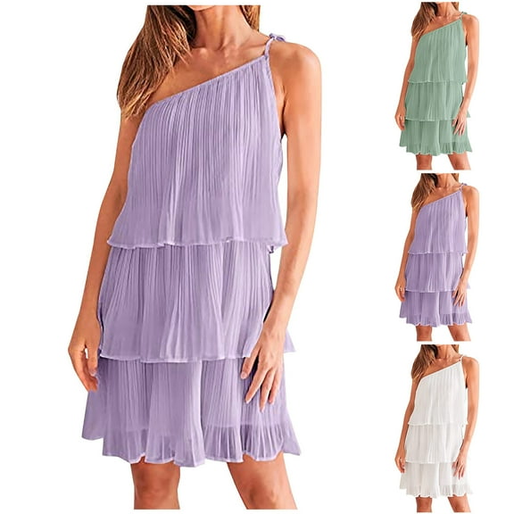 ZZwxWA Womens Dresses Boho Summer One Shoulder Sleeveless Ruffle Tiered Layered Chiffon Pleated A Line Flowy Mini Dress Solid
