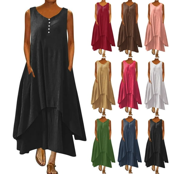 ZZwxWA Womens Dresses Cotton Linen Vintage Half Button Dress, Irregular Hem Flowy Crewneck Bohemian Long Dress with Pocket Ladies Plus Size Solid Color Sundress