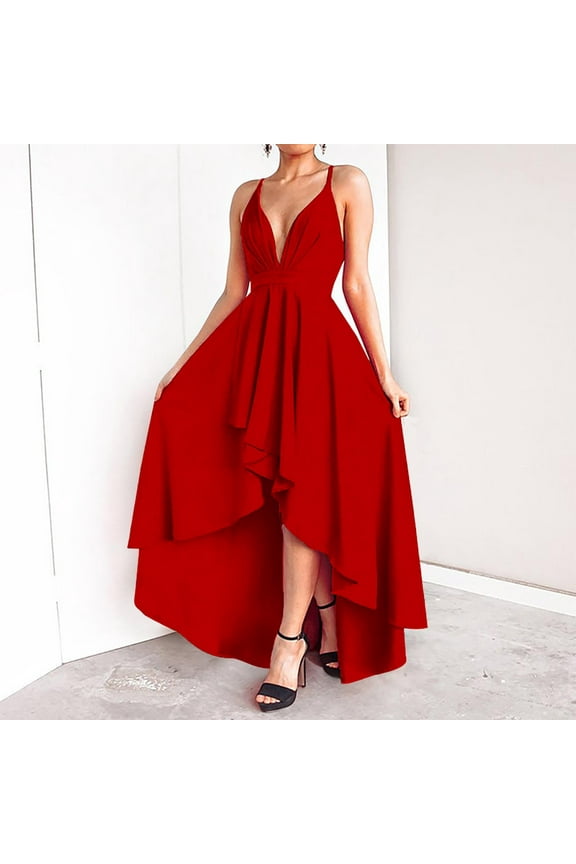 Womens Dresses Sexy V Neck Spaghetti Straps High Low Prom Evening Dresses Solid Backless Cocktail Party Formal Dress Solid Color