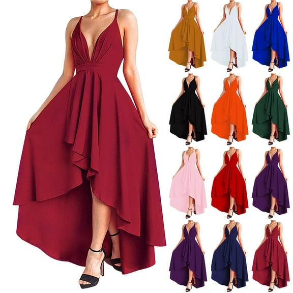 ZZwxWA Womens Dresses Sexy V Neck Spaghetti Straps High Low Prom Evening Dresses Solid Backless Cocktail Party Formal Dress Solid Color