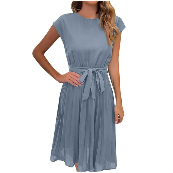 ZZwxWA Womens Dresses Sleeveless Round Neck Solid Maxi Dress Fashion Tie Waist Swing Flowy Pleated Elegant Summer Evening Club Party Cocktail Dresses Light Blue M