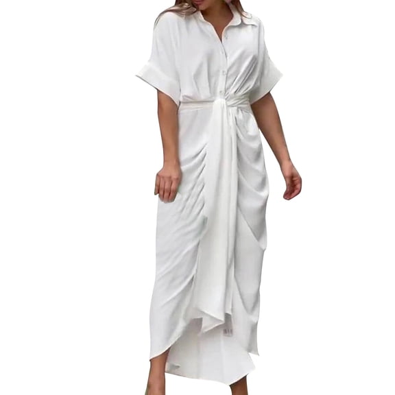 ZZwxWA Womens Elegant Short Sleeves Shirt Dress Flowy Irregular Hem Midi Dress Lapel Button Down Shirt Dresses with Belt