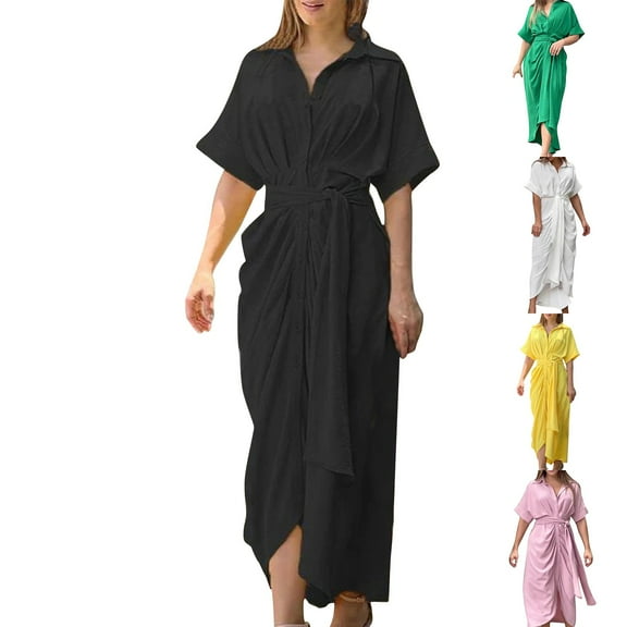 ZZwxWA Womens Elegant Short Sleeves Shirt Dress Flowy Irregular Hem Midi Dress Lapel Button Down Shirt Dresses with Belt