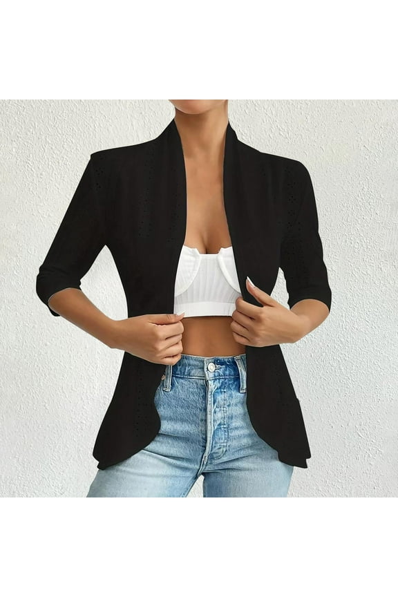 Womens Eyelet Cardigans Dressy Casual Open Front Jacket 3/4 Sleeve Slim Fit Solid Hollow Cropped Outerwear Coat Women's Tops