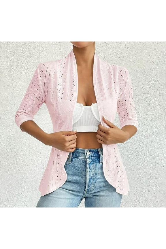 Womens Eyelet Cardigans Dressy Casual Open Front Jacket 3/4 Sleeve Slim Fit Solid Hollow Cropped Outerwear Coat Women's Tops
