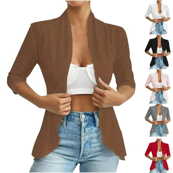 ZZwxWA Womens Eyelet Cardigans Dressy Casual Open Front Jacket 3/4 Sleeve Slim Fit Solid Hollow Cropped Outerwear Coat Women's Tops